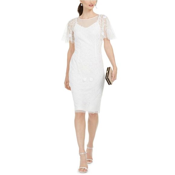 Adrianna Papell Womens Embellished Sheath Dress White NWT